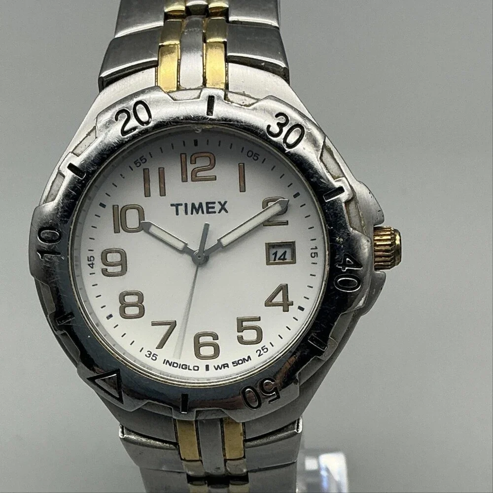 Timex Indiglo Mens Watch 39mm White Dial Two Tone Date New Battery 7.25